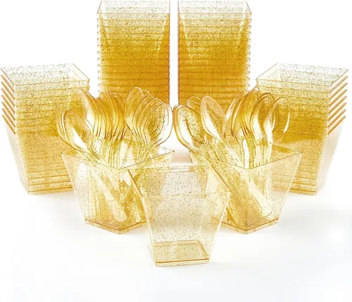 Vista 7 de Mini tazas de postre con purpurina dorada de 3.5 onzas con cucharas, paquete de 50 tazas de postre de plástico dorado para postres pequeños