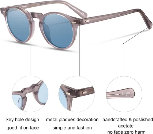Vista 3 de EyeGlow Gafas de sol redondas vintage para hombre, lentes de sol retro para mujer, material de acetato de lente polarizado