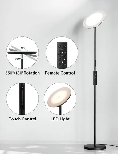 Vista 8 de Lámpara de pie LED moderna - Control remoto y táctil, lámpara de pie tipo antorcha de 40 W/2400 lm, completamente regulable, 3 temperaturas