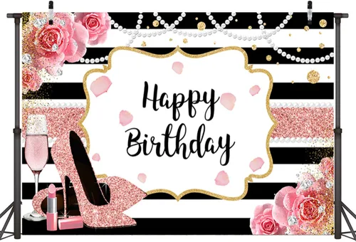 Vista 2 de Sensfun Telón de fondo de feliz cumpleaños floral rosa de 5 x 3 pies para mujer, con purpurina de oro rosa, tacón alto, fondo de fotografía, fondo