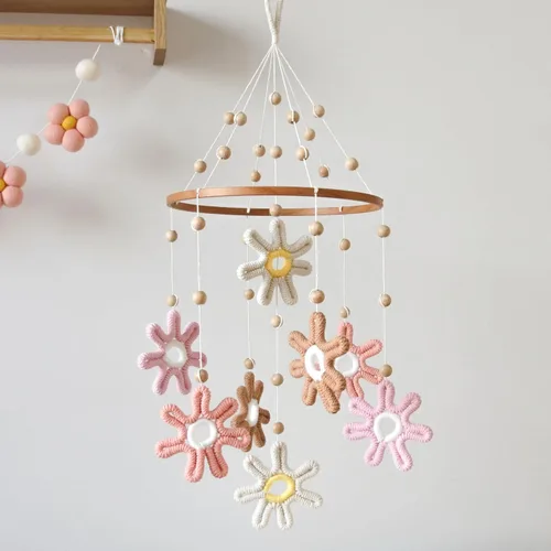 Vista 7 de Móvil neutral del bebé del arco iris del boho para la decoración móvil del cuarto de la cuna