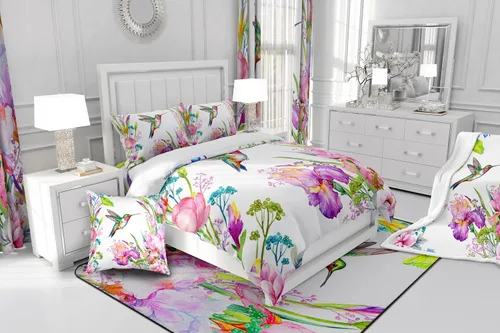 Vista 5 de Juego de ropa de cama floral, funda de edredón de flores de iris de colibrí, tamaño matrimonial, jardín, botánico, magnífica, funda de edredón