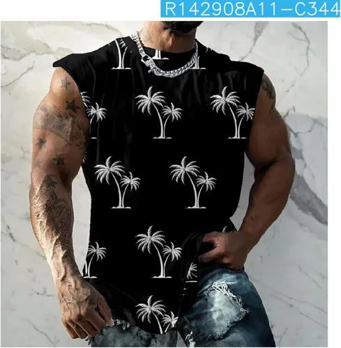 Vista 6 de Camiseta sin mangas con estampado tropical para hombre, elegante camiseta de entrenamiento sin mangas, camiseta deportiva casual de verano, chaleco