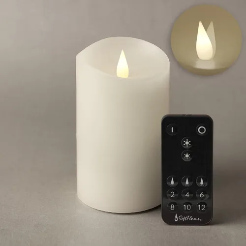 Vista 18 de Juego de velas sin llama Softflame - 5,7 cm x 10,7 cm, blanco, set de 2 - Vela de pilar con llama parpadeante y en movimiento, incluye control