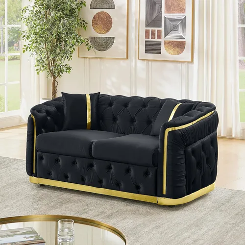 Vista 13 de Sofá Chesterfield de 62.6 pulgadas, moderno de mediados de siglo, sofá de terciopelo blanco beige y dorado, sofás de lujo para sala de estar