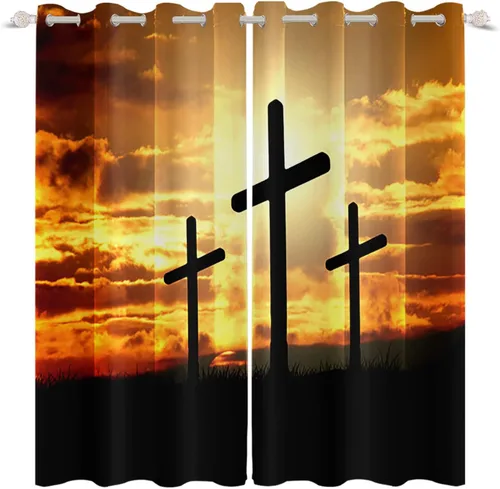 Vista 4 de Cortinas opacas con cruz de Jesús para ventana, puesta de sol, montaña, estilo cristianismo, juego de 2 paneles para sala de estar, dormitorio