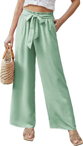 Vista 3 de Feiersi Pantalones casuales de pierna ancha para mujer, de cintura alta, para negocios, trabajo, casual, holgados, holgados, para playa, palazzo