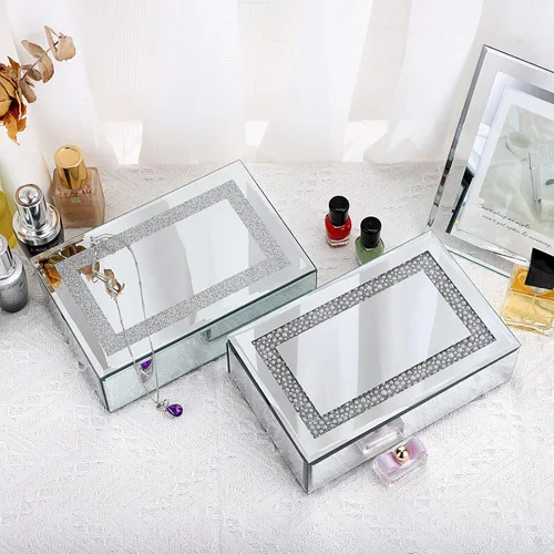 Vista 7 de ELLDOO Joyero, almacenamiento de cristal con espejo con superficie de diamantes triturados, organizador decorativo de lujo para aretes, anillos