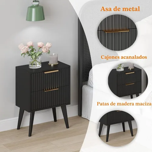 Vista 5 de YAUKOMEL Mesita de noche negra pequeña, mesita de noche moderna de mediados de siglo, mesita de noche con 2 cajones, mesa auxiliar acanalada