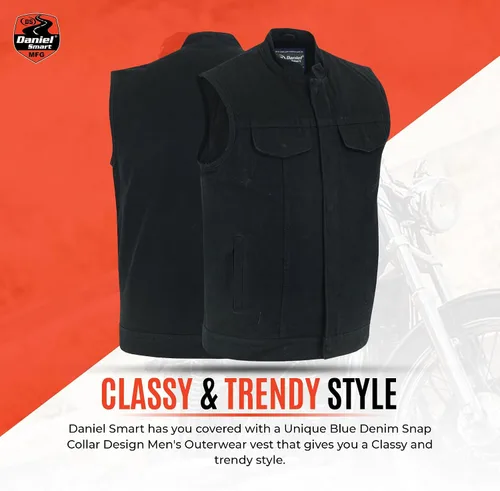 Vista 6 de Daniel Smart Men Denim Vest Scoop Collar Motorcycle Vest for Men with Inside Carry Pockets & Hidden Zipper