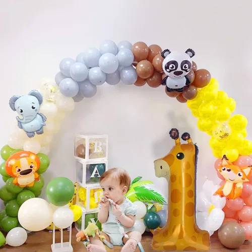 Vista 6 de Globos de jirafa para el primer cumpleaños de 40 pulgadas, globo grande número 1, decoraciones de cumpleaños salvaje, suministros de primera fiesta