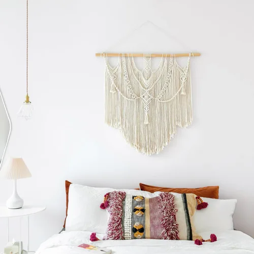 Vista 2 de Mkono macramé para colgar en la pared, decoración bohemia para el hogar, decoración tejida elegante para dormitorio, sala de estar, apartamento
