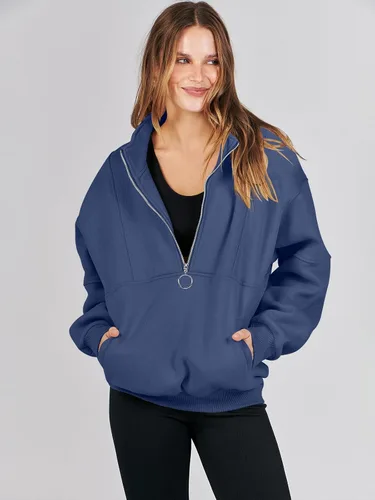 Vista 7 de ANRABESS Sudaderas de forro polar con media cremallera para mujer, de gran tamaño, con cremallera de un cuarto, ropa de otoño 2024, ropa de moda