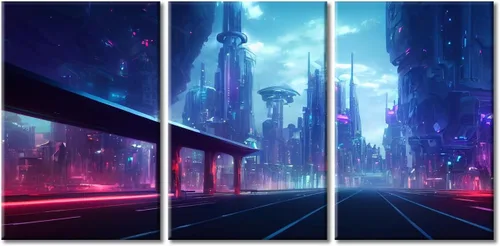 Vista 55 de Cuadros de 3 paneles de Cyberpunk City - Arte de pared de vallas publicitarias de edificios modernos en la capital con obras de arte modernas