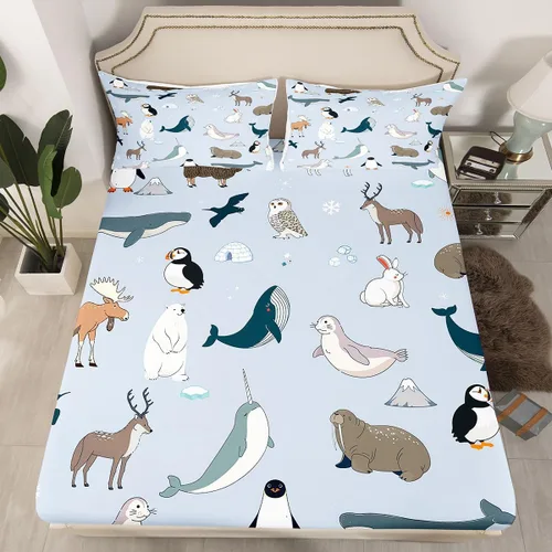 Vista 9 de Erosebridal Juego de ropa de cama de muñeco de nieve, tamaño individual, sábana bajera ajustable de esquí kawaii para árbol de Navidad, para niños