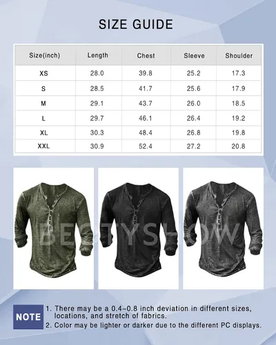 Vista 2 de Mens Distressed Henley Shirts Retro Long Sleeve Tee Shirts Casual Button Down Washed T-Shirts for Men