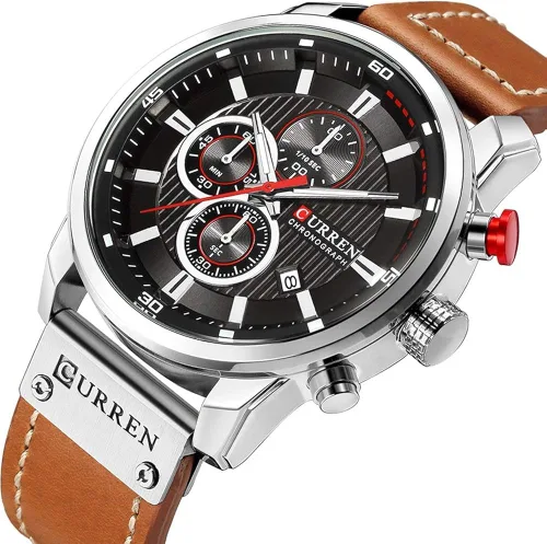 Vista 2 de Reloj deportivo con cronógrafo para hombre, correa de cuero marrón, reloj de cuarzo, reloj de pulsera casual para hombre, Completo negroacero.