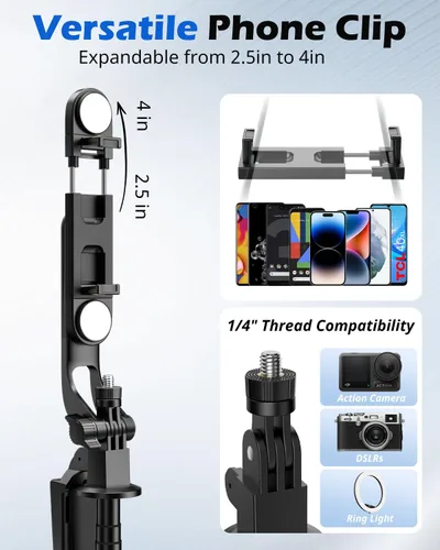 Vista 5 de UBeesize Palo de Selfie Trípode Extensible de 64 pulgadas con Luz y Control Remoto, Soporte de Trípode Ajustable para Teléfono para iPhone 17-11