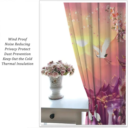 Vista 5 de Cortinas de estilo japonés, flor de cerezo, grúa de amanecer, estilo asiático, cortinas opacas para dormitorio, sala de estar, juego de 2 paneles