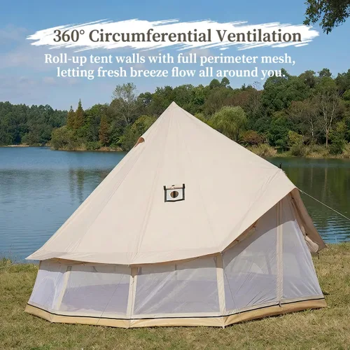 Vista 4 de Tienda de campaña Bell Yurt con gato de estufa, tienda de campaña de lujo impermeable para 4 estaciones, tela Oxford 420D, tiendas de campaña verde