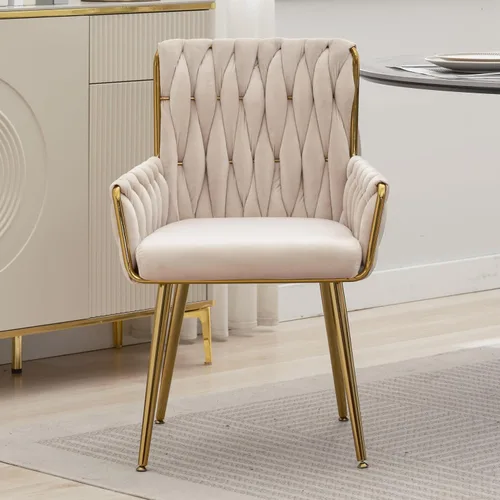 Vista 2 de Silla de escritorio de terciopelo, taburete de tocador, sin ruedas, moderno sillón dorado con patas de acento