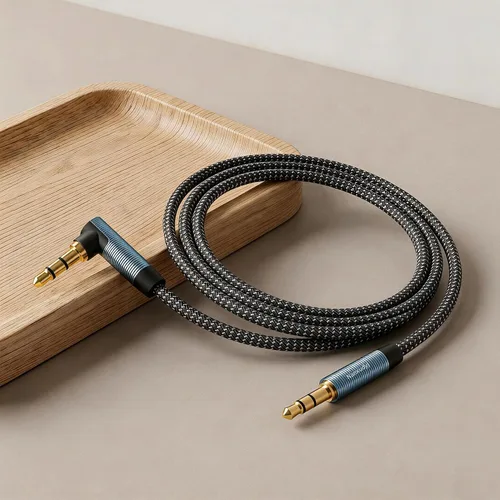 Vista 2 de Cable AUX de 1 pie/0,3 m, cable de audio estéreo de 3,5 mm, cable auxiliar estéreo macho a macho de 90 grados, cable TRS de ángulo recto compatible