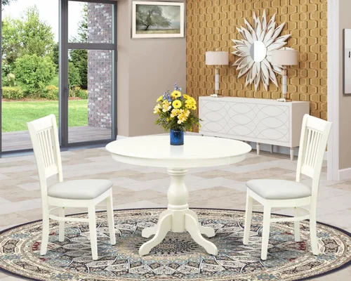 Vista 6 de East West Furniture El juego de 3 piezas Hartland contiene una mesa redonda de comedor con pedestal y 2 sillas tapizadas de tela de lino, 42 x 42