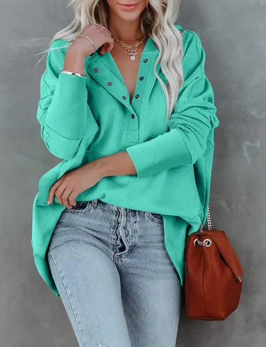 Vista 2 de onlypuff Sudadera con capucha y capucha de gran tamaño para mujer, cuello en V, con botones, ajuste holgado, estilo Henley 2022, moda de otoño