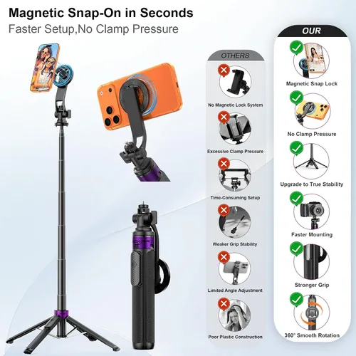 Vista 7 de Trípode magnético 4 en 1 para iPhone con tornillo de 1/4 pulgadas, trípode MagSafe Selfie Stick de 53 pulgadas con control remoto inalámbrico