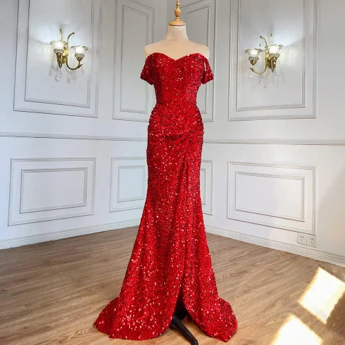 Vista 5 de Vestidos de fiesta de sirena con hombros descubiertos para mujer, vestidos de noche formales con lentejuelas largas con abertura
