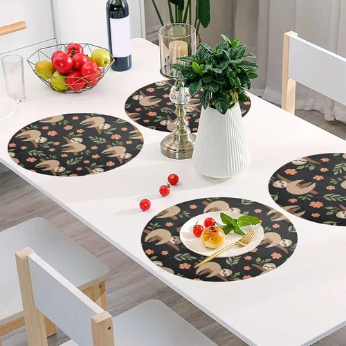 Vista 6 de Cute Sloths Black Round Placemat, Washable Heat Protecting Placemats for Kitchen one sizex1