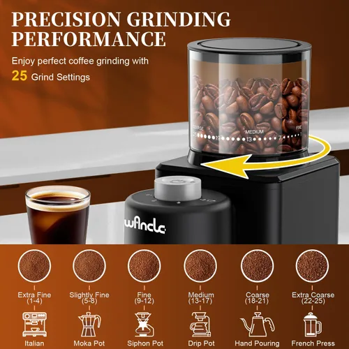 Vista 2 de Wancle Molinillo de café cónico eléctrico – Molinillo de café automático compacto de 200 W con 25 ajustes ajustables, molinillo de café expreso