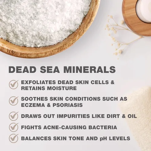 Vista 4 de One With Nature Sal del Mar Muerto 100% Pura para Baño con Eucalipto, Paquete de 6 de 2.5 oz. La Sal del Mar Muerto es rica en 21 Minerales