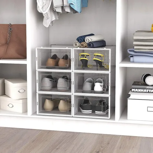 Vista 8 de OnDisplay Clik - sistema de caja de zapatos entrelazada y apilable. Estándar transparente/blanco