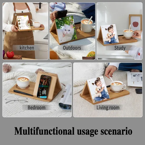 Vista 9 de Soporte para Libros de Bambú, Soporte Triangular para Libros con Marco de Imagen Acrílico, Descanso para Libros con Portavasos, Soporte para Tableta
