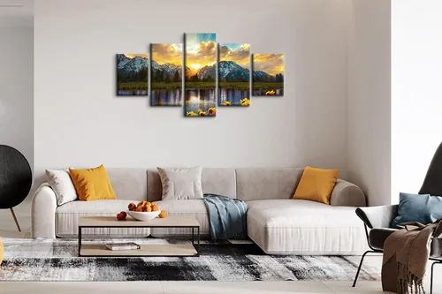 Vista 4 de SKASNFAI Lienzo de paisaje de girasol, puesta de sol, parque nacional Grand Teton, arte de pared para sala de estar enmarcado