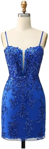Vista 4 de Vestidos ajustados de encaje de lentejuelas para adolescentes, tirantes delgados, cuello en V, vestido corto de graduación, mini vestido de cóctel