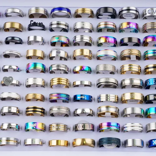 Vista 3 de 100 unidslote Moda Acero Inoxidable Raya Corazón Amor Anillos Joyería Para Mujeres Hombres Mezcla Estilo Fiesta Regalos Con Caja Al Por Mayor