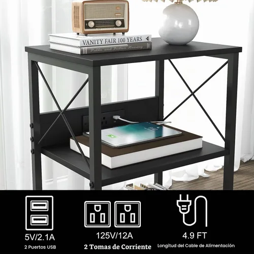 Vista 4 de Sthmec - Mesa auxiliar de 3 niveles con estación de carga, tocadiscos LED para almacenamiento de vinilo, estante de discos para álbumes, mesas Negro