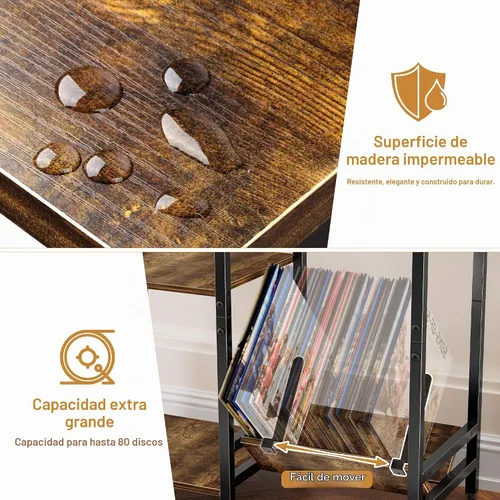 Vista 5 de HYPIGO Soporte para tocadiscos con tomas de corriente, soporte para tocadiscos con almacenamiento de discos de vinilo con capacidad para más de 300