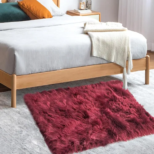 Vista 4 de Alfombra suave y esponjosa de forma rectangular sintética, alfombra de piel burdeos, funda de sofá, cojín de asiento, alfombra peluda junto a