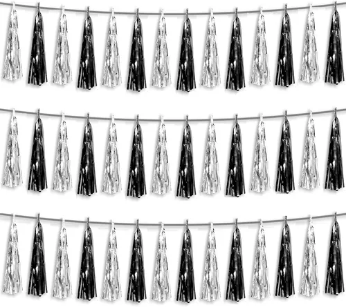 Vista 8 de Banderines de Flecos de Papel Aluminio Negro 3P con Borlas Metálicas Guirnalda de Borlas para Carrozas de Desfile, Despedida de Soltera, Boda