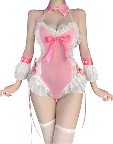 Vista 4 de Lencería sexy para mujer para sexo juego travieso con lazo gato cosplay uniforme de sirvienta tentación babydoll