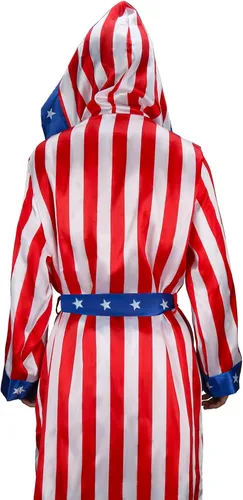 Vista 9 de NIHONCOS Disfraz de boxeo para hombre, bata de satén con bandera estadounidense con capucha, pantalones cortos, cinturón, capa de Halloween, disfraz