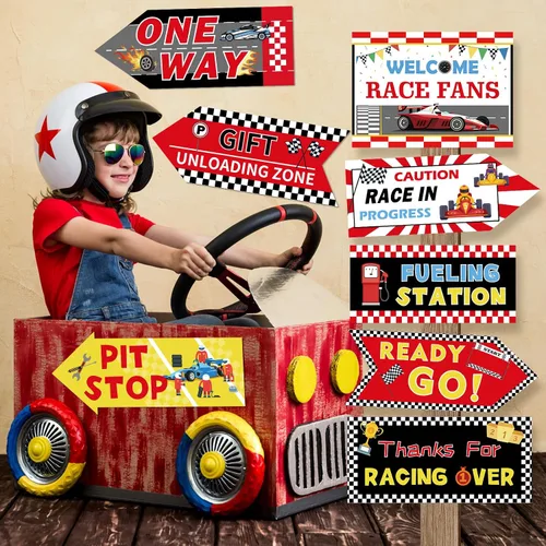 Vista 4 de Hooqict 20 piezas de decoración de fiesta de coche de carreras, letreros direccionales para fiestas de coches de carreras, suministros de fiesta