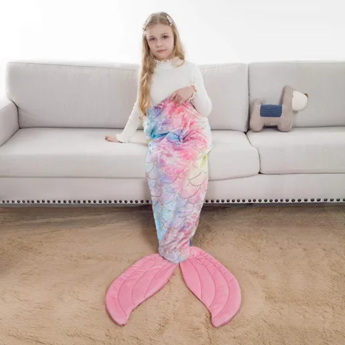 Vista 3 de COSUSKET Manta de cola de sirena para niñas, suave y premium para todas las estaciones, diseño de escamas de peces coloridas para acurrucarse