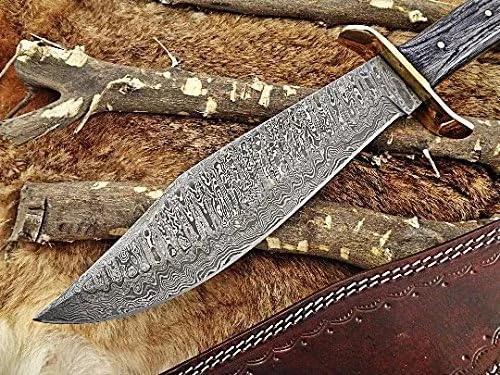 Vista 2 de Cuchillo Bowie de caza de acero de Damasco forjado a mano de 15 pulgadas, madera de dólar negro de 2 tonos con protector de dedo de latón, funda