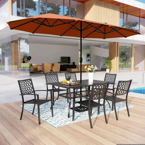 Vista 36 de MFSTUDIO Juego de mesa de comedor para patio al aire libre con paraguas, 4 sillas giratorias y 1 x 37 cuadrado Bistro forjado Iorn Slat mesa grande
