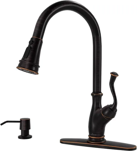Vista 14 de APPASO Grifo de cocina de bronce con dispensador de jabón, grifo de fregadero de bronce frotado con aceite para cocina, grifo de fregadero de cocina