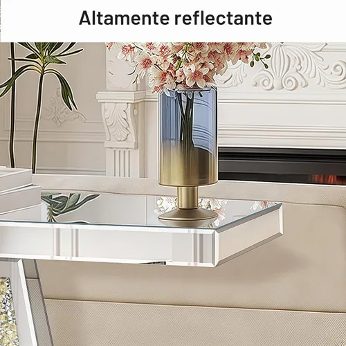 Vista 4 de Modernas mesas de consola de entrada con espejo con incrustaciones de diamante triturado dorado, mesa de pasillo plateada de 39.37 pulgadas de largo